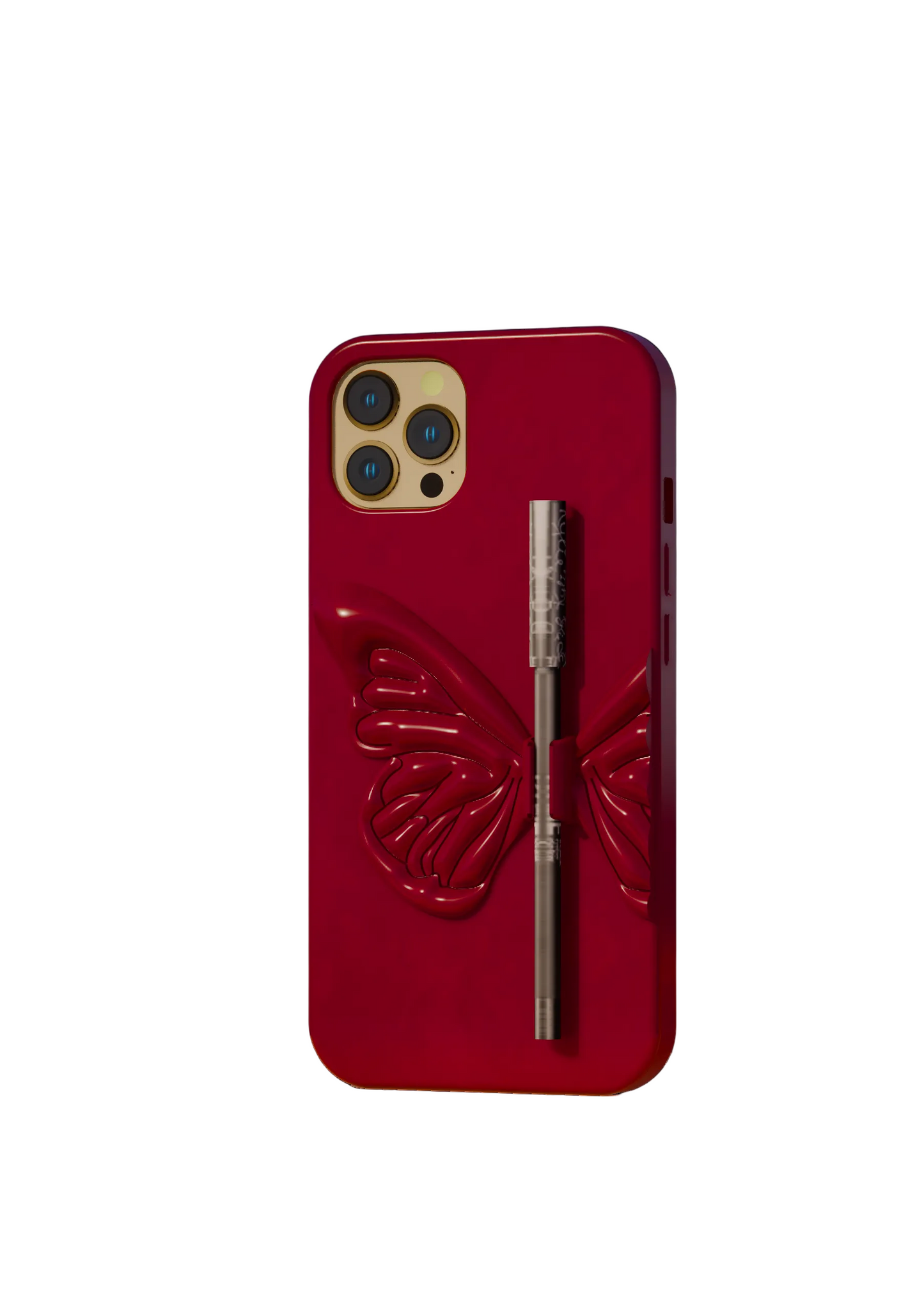 Red phone case with butterfly design on a white background